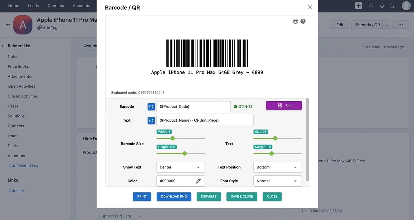 Barcode / QR Code Generator for Zoho CRM user interface