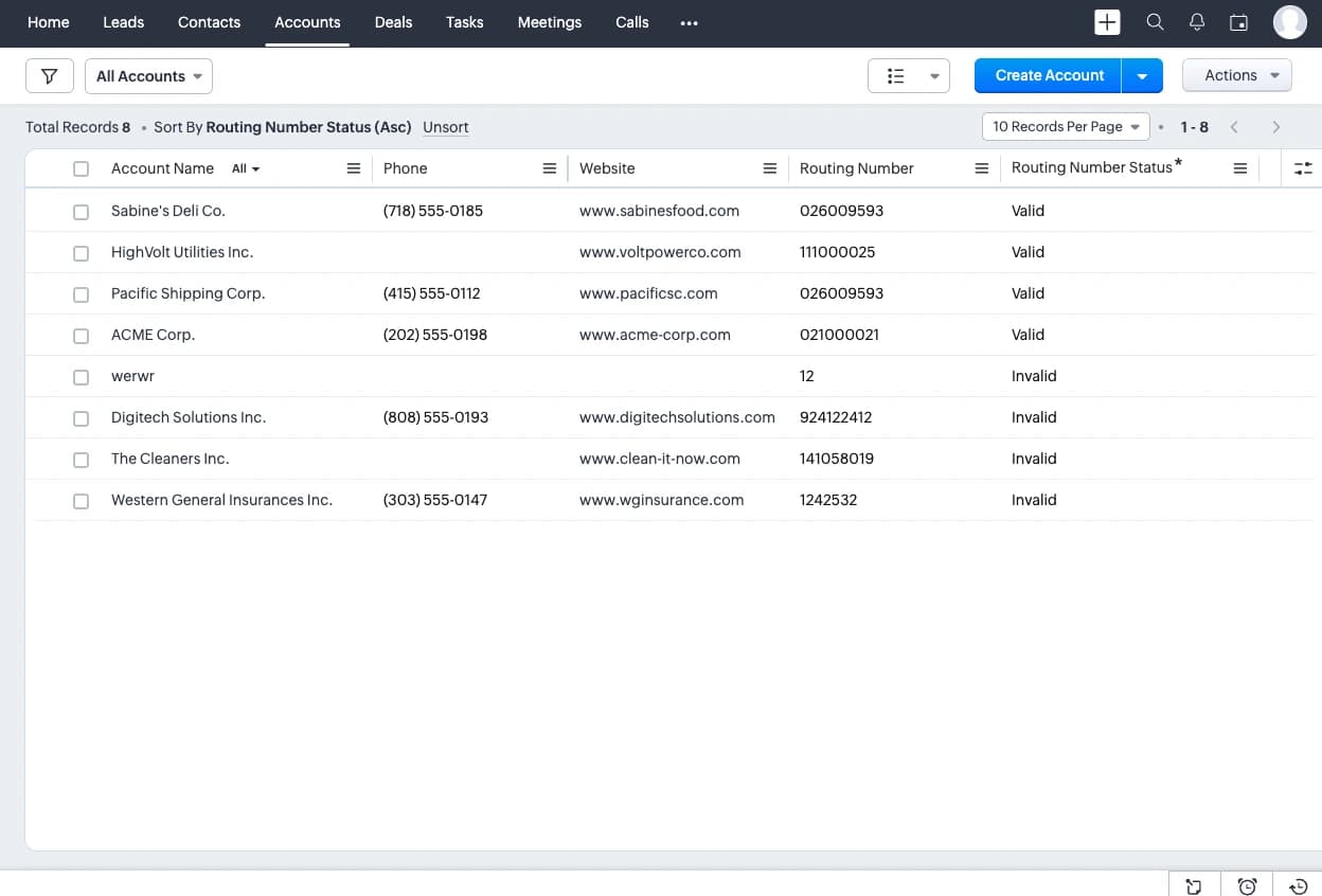 Automatic Routing Number Validation for Zoho CRM user interface